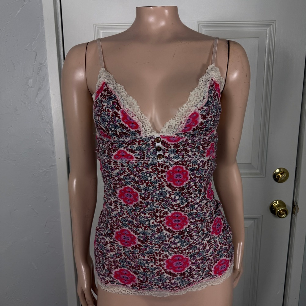 Vintage Y2K Free People Shirt S Cotton Tank Top Floral Knit Boho Lace V neck S11